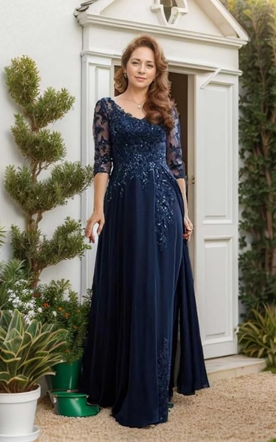 Long Sleeve Mother of The Bride Dress for Wedding Chiffon Lace Applique Formal Gowns BOF163