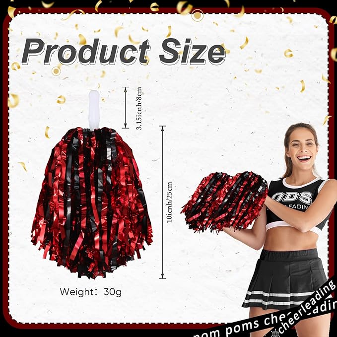 Hanaive 100Pcs Metallic Cheerleading Pom Poms with Baton Handle Cheerleader Pompom Foil 30g Cheering Squad Hand Flowers for Adults Team Spirit Sports Party Cheering