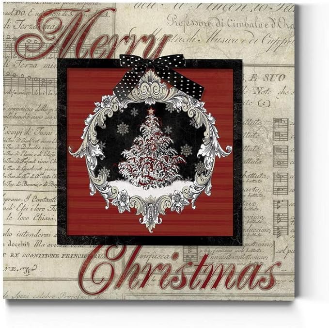 Renditions Gallery Merry Christmas Tree Wall Art, Cute Winter Decor, Antique Sheet Music Paper Design, Snowflakes, Premium Gallery Wrapped Canvas, Ready to Hang, 32 in H x 32 in W, Made in America