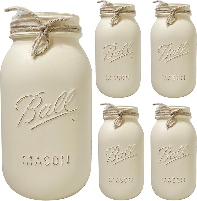 Mason Jar Centerpieces for Tables, Set of 5-32 oz Hand-Painted Ivory Mason Jars for Wedding, Baby Shower, Bridal Shower - Rustic Bridal Shower Centerpieces for Tables (5 Ivory Jars - No Flowers)