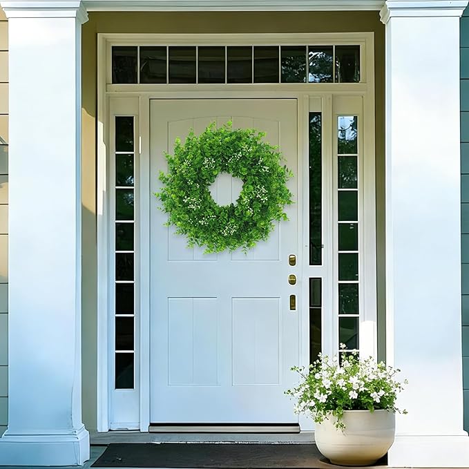 26'' Large Boxwood Wreath for Front Door Artificial Boxwood Leaves Greenery Outdoor Wreath for Porch Window Farmhouse Wall Home Decor Green Year Round Indoor Outdoor Spring Summer Fall All Seasons