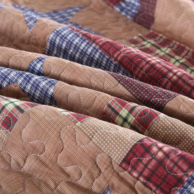 Cotton Bedding Quilt Sets Reversible Patchwork Coverlet Sets All Season Brown Bedspread, Mediterranean Star Pattern, Queen Size
