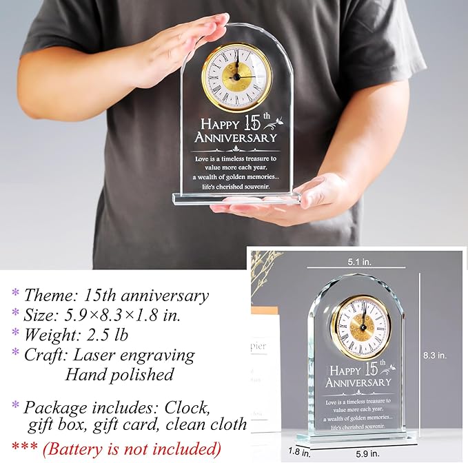 YWHL 15 Year Anniversary Quartz Clock Gifts for Her Him, Happy 15th Anniversary Clock Gifts for Couples, Romantic Presents for 15th Marriage Party