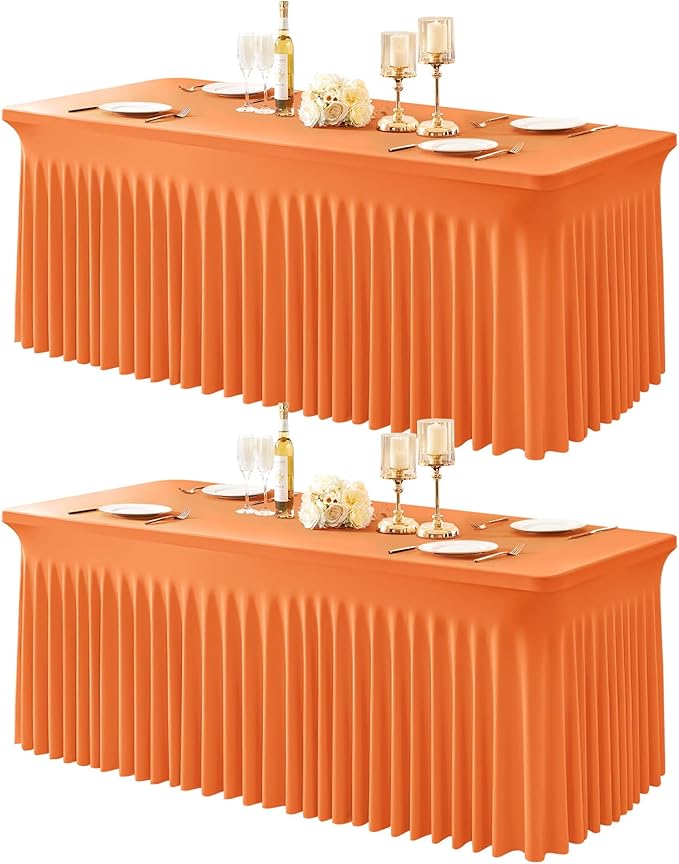 2 Packs Orange Table Clothes for 6 Foot Rectangle Tables, One-Piece Wrinkle Resistant Stretch Spandex Table Covers with Skirt for Event Banquet Wedding Birthday Party
