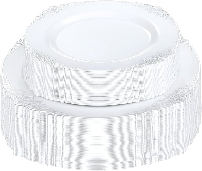 100 PCS White and Silver Plastic Plates for 50 Guests, Rose Gold Disposable Plates Include 50 PCS Dinner Plates, 50 PCS Dessert Plates for Party, Wedding and Baby Shower