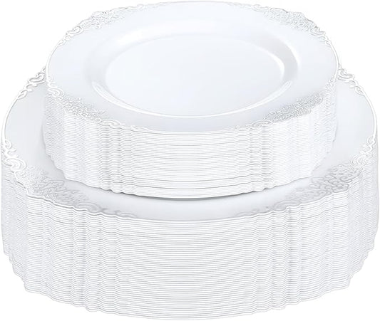 100 PCS White and Silver Plastic Plates for 50 Guests, Rose Gold Disposable Plates Include 50 PCS Dinner Plates, 50 PCS Dessert Plates for Party, Wedding and Baby Shower