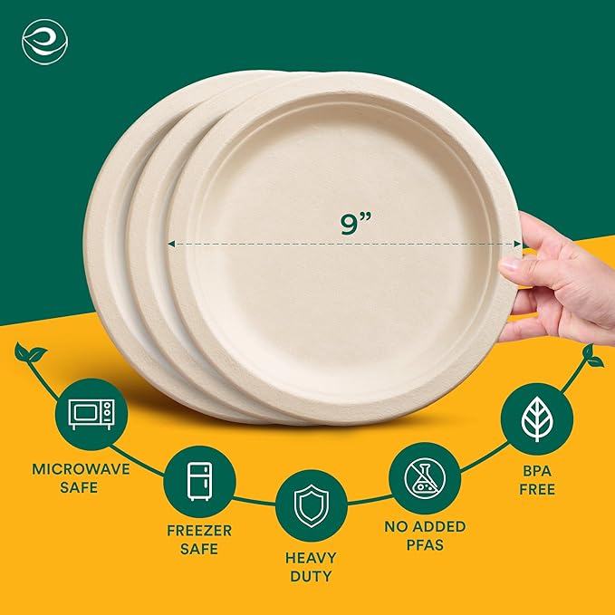 ECO SOUL 9 Inch Compostable Disposable Paper Plates [1000 Pack] Food Safe 100% Virgin Bagasse Pulp Heavy Duty Biodegradable Microwave Safe Large Round Dinner Plate for Party, Picnic & BBQ (Brown)