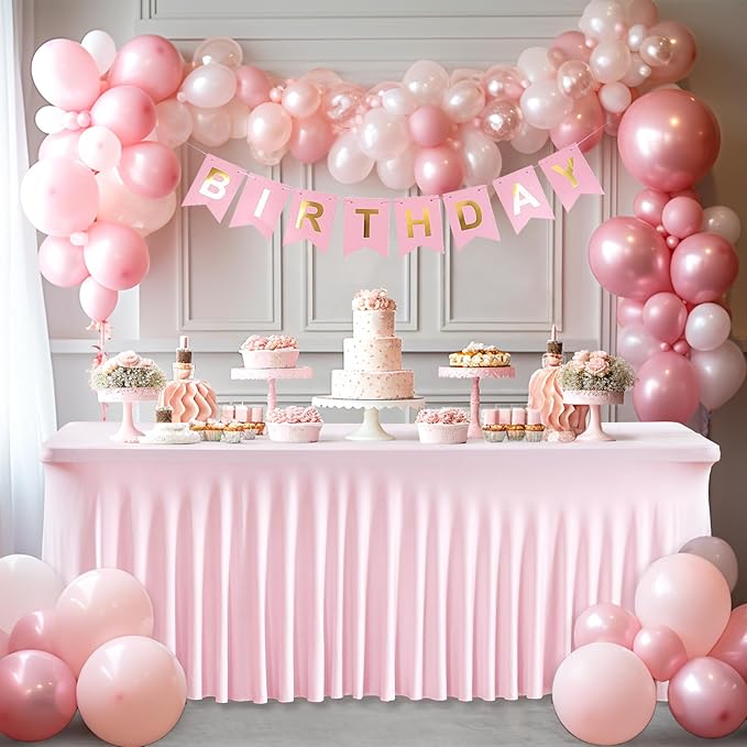4 Packs Pink Table Clothes for 6 Foot Rectangle Tables, One-Piece Wrinkle Resistant Stretch Spandex Table Covers with Skirt for Event Banquet Wedding Birthday Party