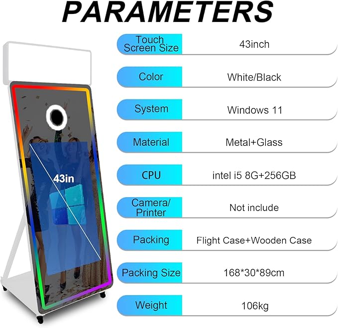 Magic Mirror Photo Booth,Mirror Photo Booth Interactive Touch Screen with Flight Case, Built-in Mini PC with Instant Print and Sharing for Event Party Wedding Rental (White, 43''Screen+Camera)