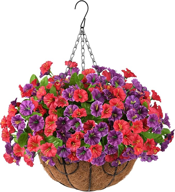 Homsunny Artificial Fake Hanging Flowers with Basket for Outdoors, Faux Silk Petunias Flower Spring Summer Decor UV Resistant Look Real for Home Outside Patio Front Porch Decorations