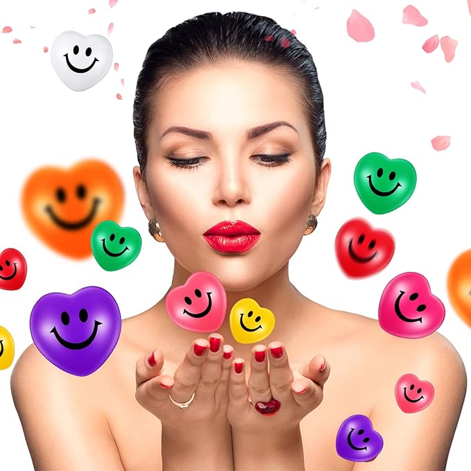 Zubebe 48 Pcs 2.76'' Valentine's Day Heart Stress Balls Heart Shaped Smile Face Ball Stress Relief Balls Valentines Day Gifts for Staff Kids Adults Party Favors School Reward(Multicolor)