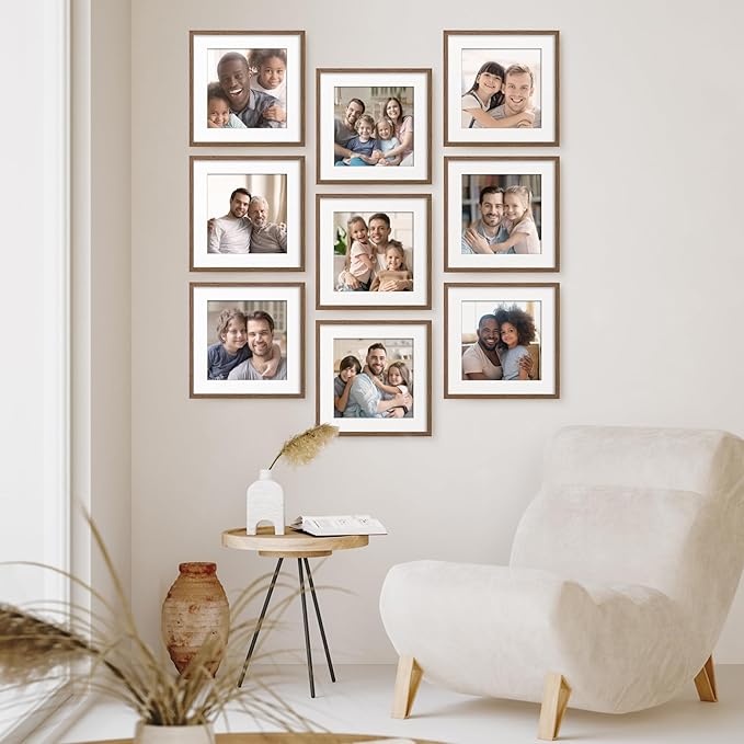 Axeman 16x16 Picture Frame with Mat for 12x12, Solid Oak Wood Square Picture Frame with Tempered Glass, Wooden Square Photo Frame 16''x16'' for Art Photo and Prints, Set of 2, Walnut