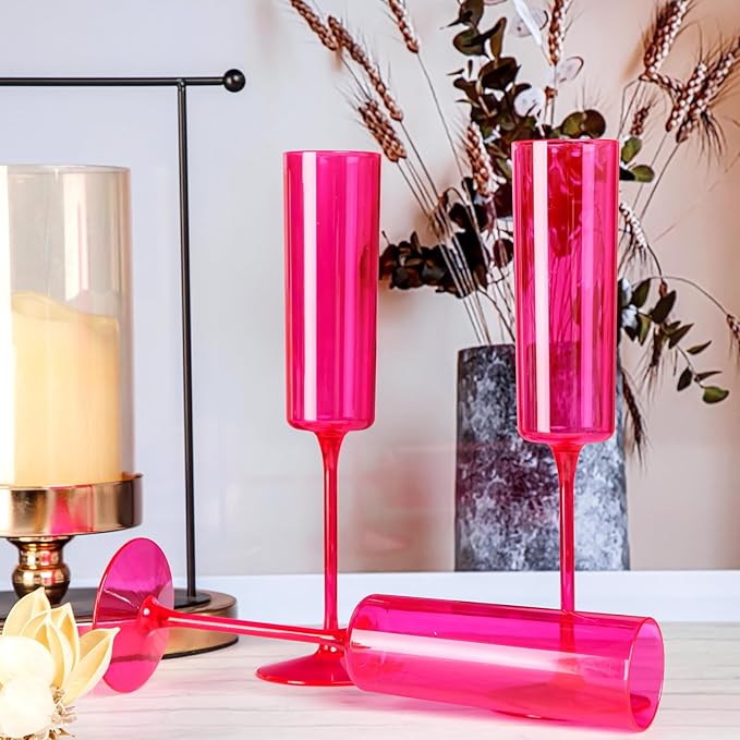 Ciaell 24 Pack Plastic Champagne Flutes - Hot Pink 6 Oz Disposable Champagne Glasses - Square Plastic Toasting Glasses for Party Birthday Anniversary Wedding & Valentine's Day