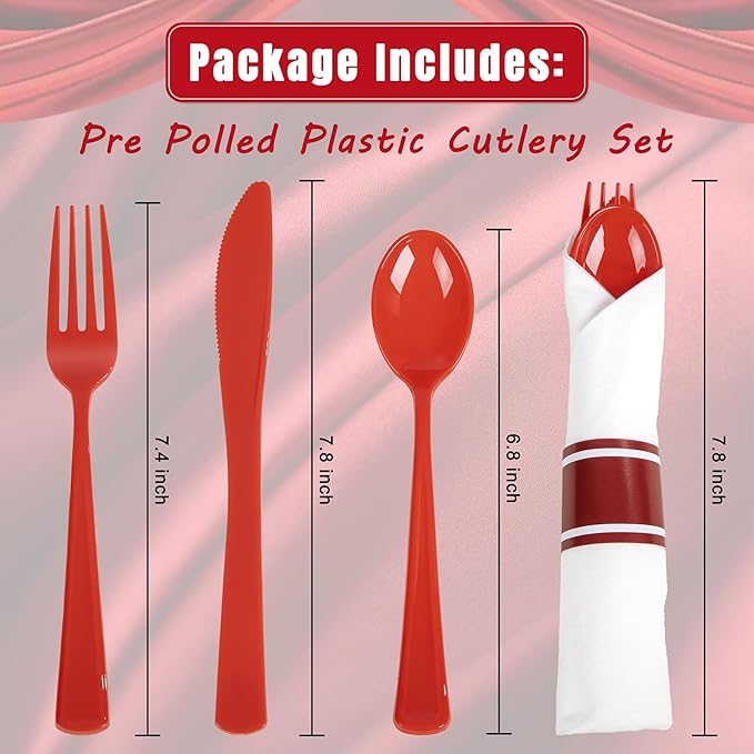 Liacere 400PCS Pre Rolled Red Silverware and Napkin - Disposable Red Plastic Utensils-Wrapped Plastic Cutlery Set with Napkin:100Forks,100Knives,100Spoons,100Napkins for Wedding＆Valentine's Day