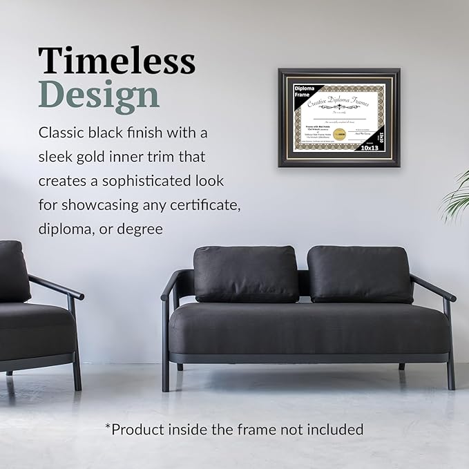 Creative Picture Frames 10" x 13" Rockefeller Black with Gold Rim Diploma Frame, Displays 10" x 13" Certificate or 11" x 14" Document without Mat, College Degree Frame, Full-Strength Glass, Black Mat