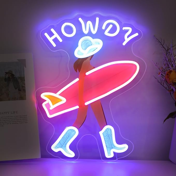 Howdy and Aloha Cowgirl Surf Girl Neon Sign, Howdy Cowgirl wall decor LED Light, Girly Wall Art Neon Sign, Coastal Cowgirl Brown Haired, 11.9"x16.5"