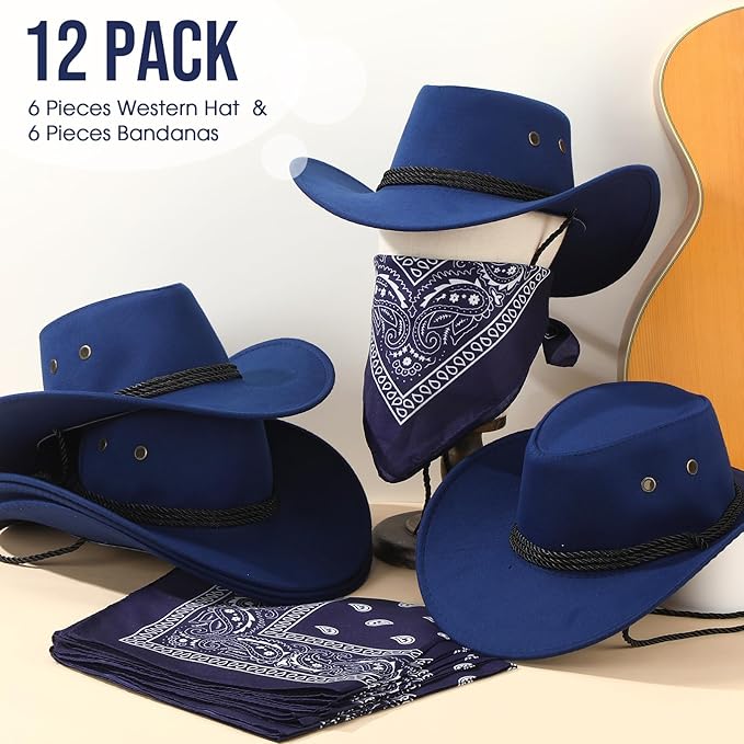 Zhanmai 12 Pcs Cowboy Hat and Bandana Cowboy Cowgirl Hats Bulk Western Party Costume Halloween Accessory