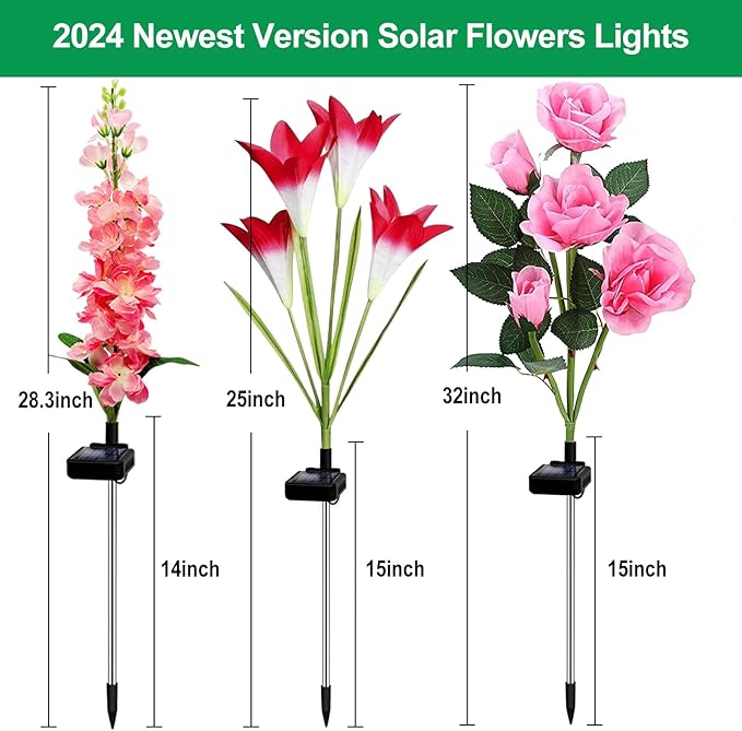 Solar Garden Lights, 6 Pack Solar Flowers Lights with Lily Rose Delphinium, Waterproof Gardening Gifts for Mom Grandma Women,Multi-Color Changing Outdoor Light for Garden Yard Patio Lawn