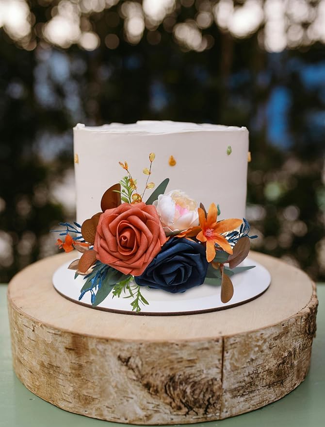 CherishedMoments 3Pcs Cake Topper Set, Wedding Artificial Flowers Decor Burnt Orange-Blue, Perfect for Wedding Ceremony, Anniversary, Parties & Photography