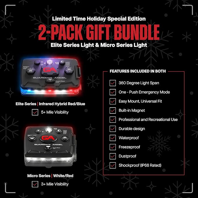Guardian Angel Safety Light Value Bundle (2 Pack): Elite (Red/Blue/White Front, Red/Blue Rear + IR) + Micro (White Front, R Rear) – Hands-Free LED Flashlights for Law Enforcement and Recreational Use