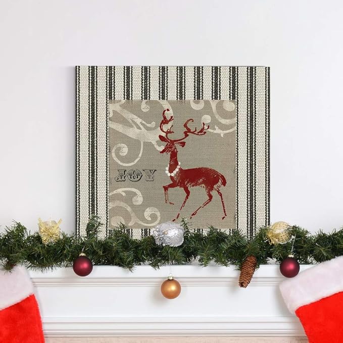 Renditions Gallery Joy Reindeer Wall Art, Cute Christmas & Winter Decor, White & Red with Striped Fabric Look, Premium Gallery Wrapped Canvas, Ready to Hang, 16 in H x 16 in W, Made in America