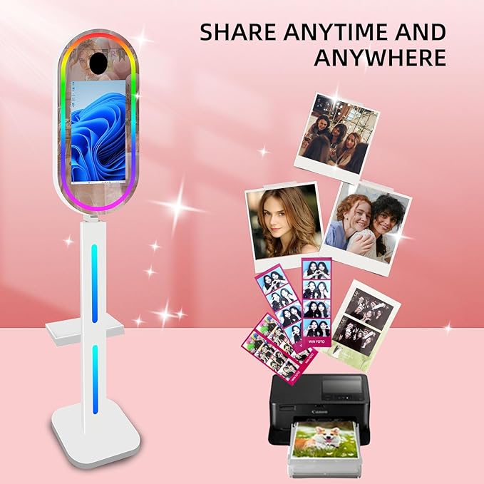 Oval Mirror Photo Booth with Flight Case,15.6 in Touch Screen Mirror Photo Booth Magic Mirror Photobooth Selfie for Party Events Wedding Rental (White, Without Camera Printer)