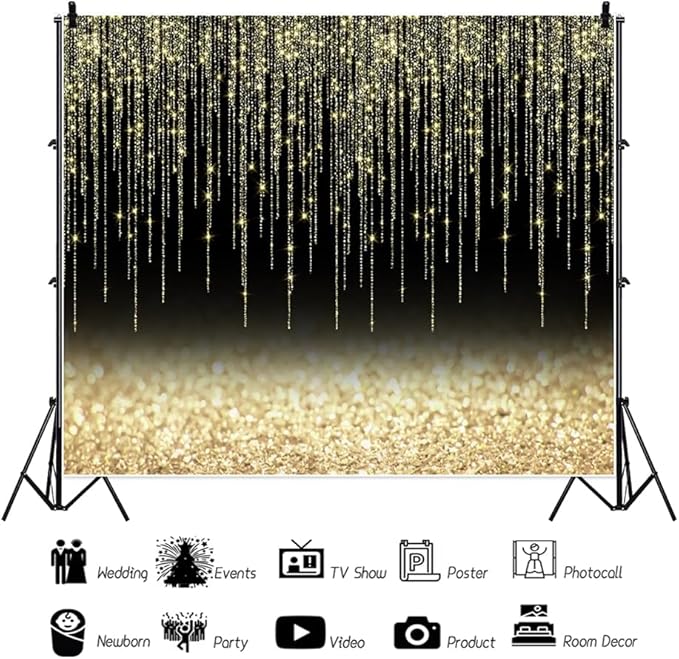 Black Gold Glitter Backdrop 10x8ft Christmas Birthday New Year Housewarming Retirement Party Graduation Background for Photography Theme Party Banner Studio Photo Booth Props
