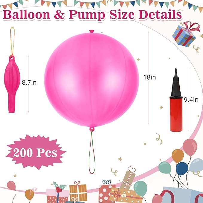 200 Pcs Punch Balloons Heavy Duty Punching Balloon Halloween Party Favors with Rubber Band Handle and Air Pump for Birthday Halloween Goodie Bag Stuffer Supply (Pink)