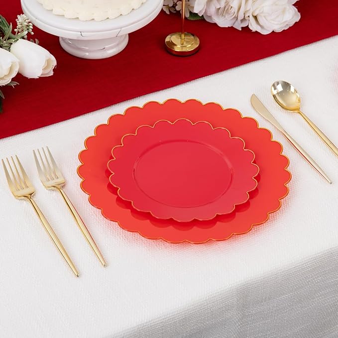 Supernal 100pcs Red Plastic Plates,Fancy Disposable Plates Heavy Duty,Red and Gold Party Supplies Including 10.25’’ Dinner & 7.5’’ Dessert Plastic Plate,Elegant Disposable Plate Suit for Party,Wedding
