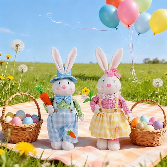 Juegoal 2 Pack Easter Decorations Standing Bunny with Stretchable Legs, 23" to 32" Handmade Easter Rabbit Couple Statues, Cute Photo Props Gifts for Office Kitchen Farmhouse Spring Home