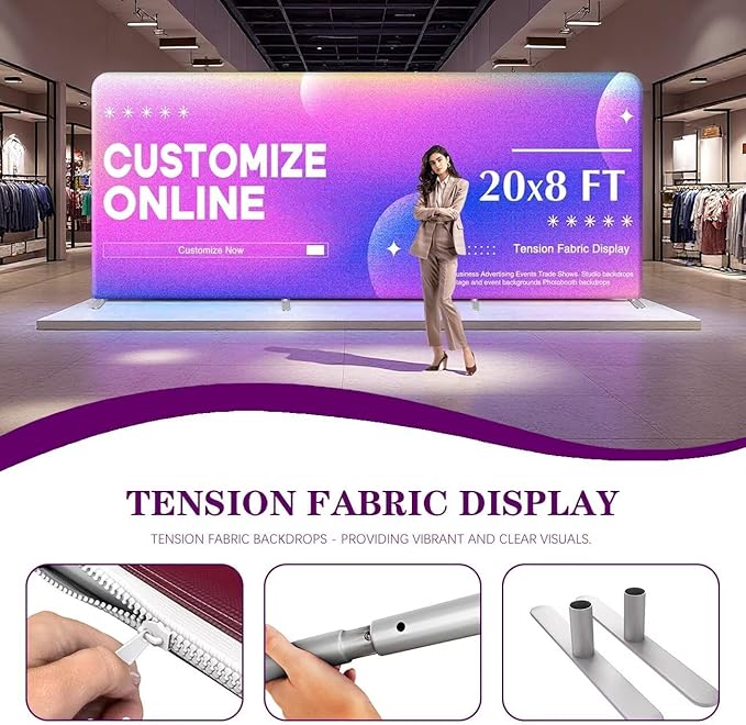 20x8 FT Custom Tension Fabric Backdrop Banner Stand, HD Banner Printing Online Design Tension Fabric Display Stand, Large Portable Trade Show Display Booth for Business, Corporate, Wedding, Mall