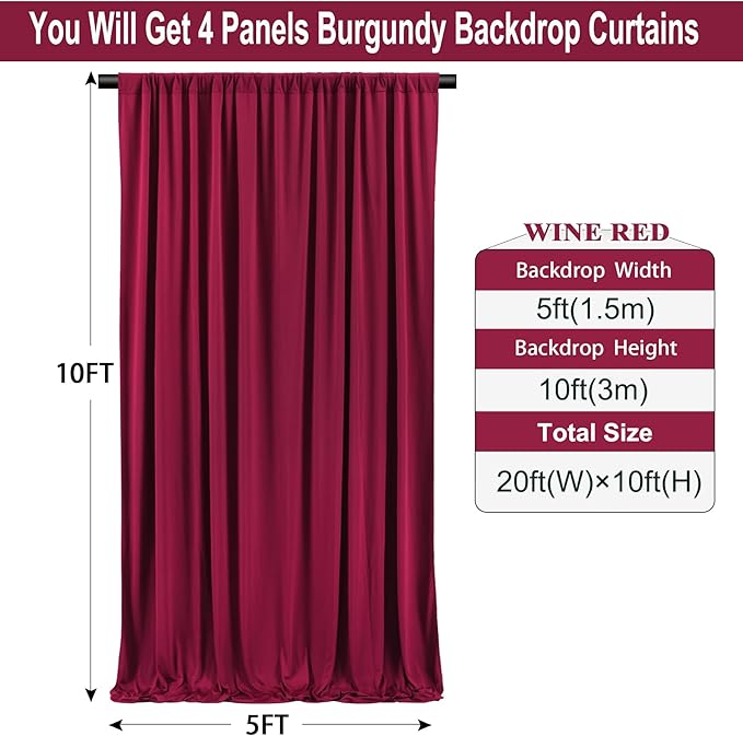 20ft×10ft Wrinkles Free Burgundy Backdrop Curtain for Wedding Party, 4 Panels 5×10ft Soft Silky Polyester Wine Red Photo Backdrop Drapes for Birthday Parties Baby Shower Mother‘s Day Photography