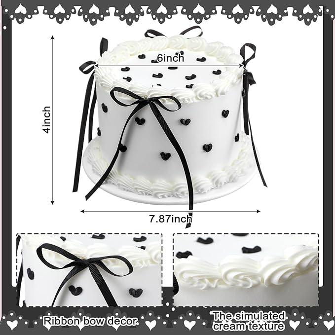 Remerry 6 Inch Black Bow White Round Fake Cake Funny Birthday Cake Decor Wedding Dessert Props Artificial White Dessert for Display Photography Women Birthday Wedding Gift