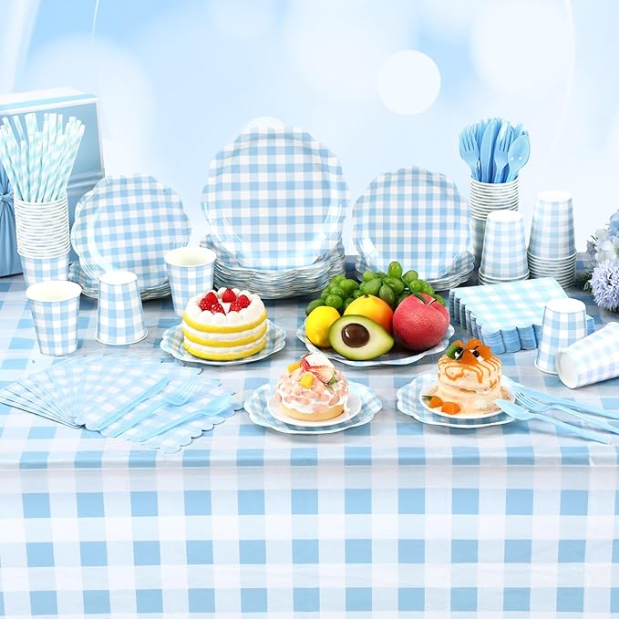 452 Pcs Blue Gingham Party Supplies for 50 Guests Include White and Blue Checkered Paper Plates Napkins Cups Tablecloth Cutlery Straws for Birthday Baby Shower Wedding Party Decorations