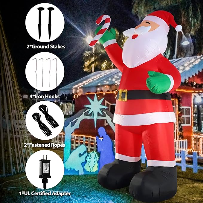 10ft Inflatable Christmas Decorations, Christmas Santa Claus with Candy with LED Light Blow Up for Christmas Party Indoor, Outdoor, Yard, Garden, Lawn