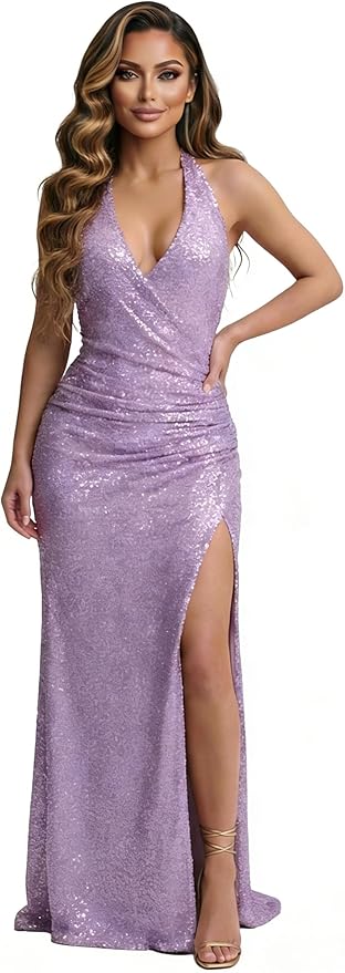 Halter Sequin Prom Dress for Women 2026 Pleats Formal Evening Dress with Slit L01032