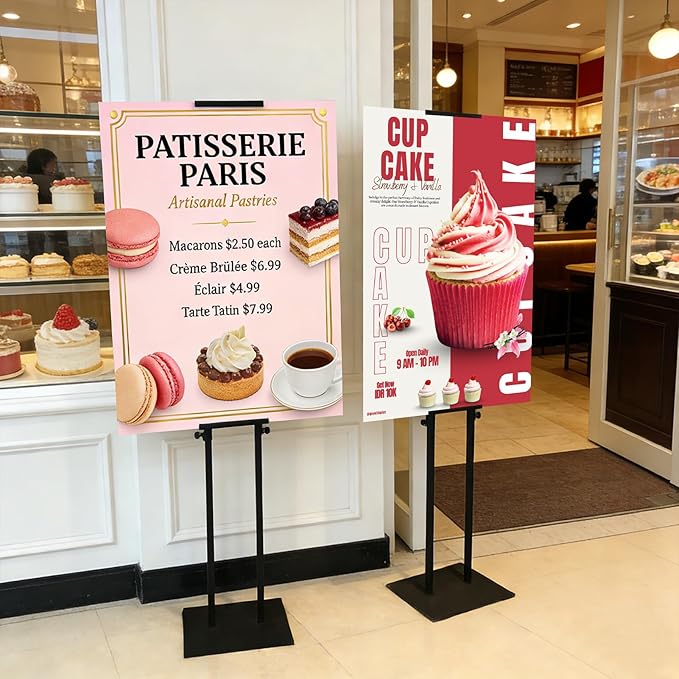 Heavy Duty Banner Stand with Non-slip Mat Base, Adjustable Pedestal Poster Stand Up to 82 inches, Double Side Show Sign Stand, Connected Show Floor Standing Sign holder for Outdoor Display