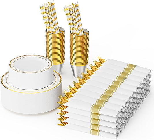 ROVSUN 400 Pieces Gold Disposable Dinnerware Set 50 Guests,Elegant Plastic Plates for Party Wedding, 50 Pre Rolled Napkins with Silverware, 50 Dinner Plates, 50 Dessert Plates, 50 Cups, 50 Straws