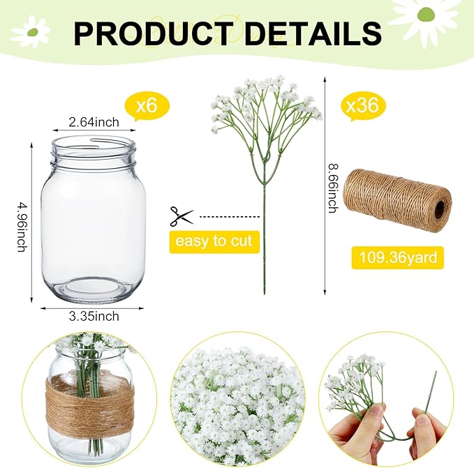 43 Pcs/ 6 Set Babybreath Mason Jar Table Centerpiece Mason Jar Vases Faux Floral with Rope Boho Rustic Flower Table Decoration for Reception Engagement Party Bridal Shower Wedding