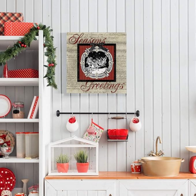Renditions Gallery Season's Greetings Wall Art, Cute Winter Decor, Santa & his Reindeer, Antique Sheet Music Paper, Premium Gallery Wrapped Canvas, Ready to Hang, 24 in H x 24 in W, Made in America