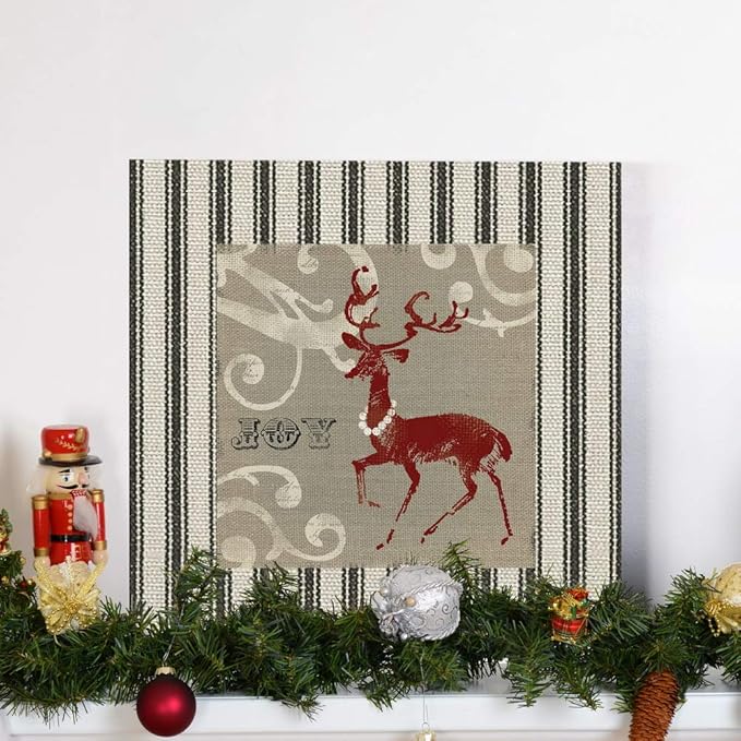 Renditions Gallery Joy Reindeer Wall Art, Cute Christmas & Winter Decor, White & Red with Striped Fabric Look, Premium Gallery Wrapped Canvas, Ready to Hang, 16 in H x 16 in W, Made in America