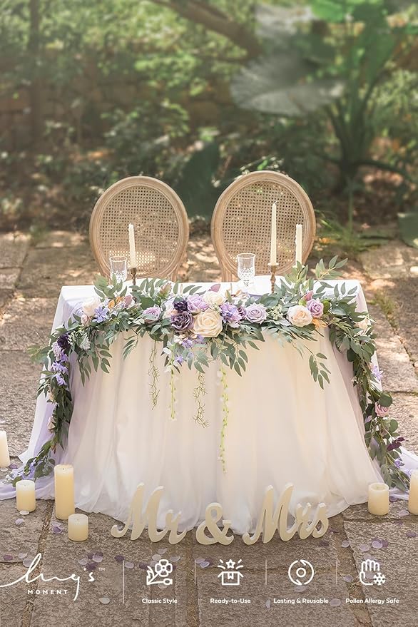 Ling's moment 9FT Flower Garland for Backdrop Decorations - Wedding Arch Flowers, Eucalyptus & Rose, Artificial Floral Garland for Mantel - Sweetheart Table Decor for Ceremony Reception, Lilac & Gold