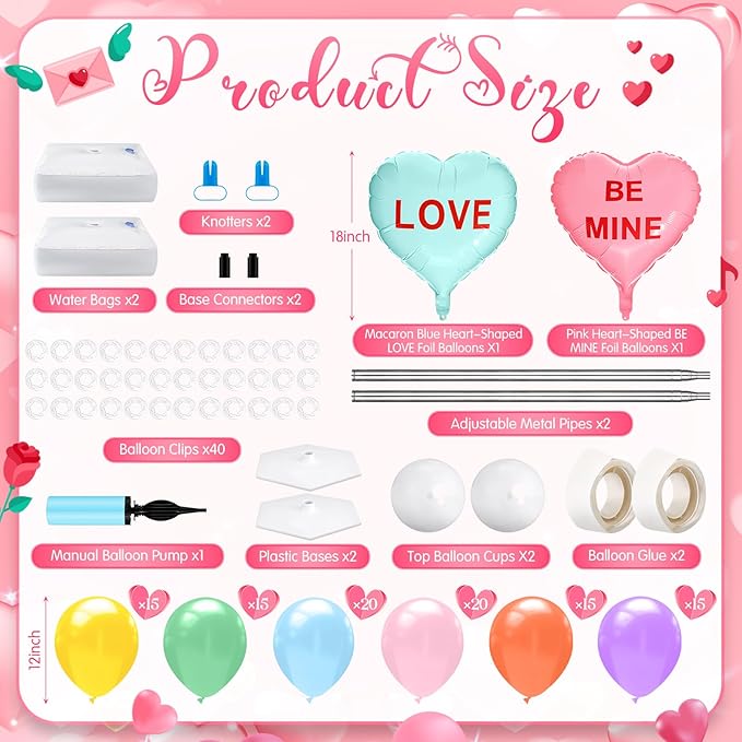 Kasyat 2 Set Valentines Day Balloon Column Stand Kit with 2 Candy Pastel Heart Love Foil Balloons, Valentines Day Arch Garland Stands for Valentine's Wedding Anniversary Party Supplies Decoration