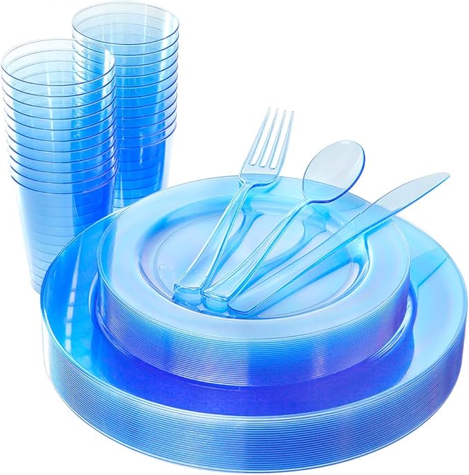 WDF 25 Guest Blue Plates with Disposable Silverware&Blue Cups-Neon Clear Plastic Dinnerware include 25 Dinner &Salad Plates,25Forks, 25 Knives, 25 Spoons,25 Cups for Graduation
