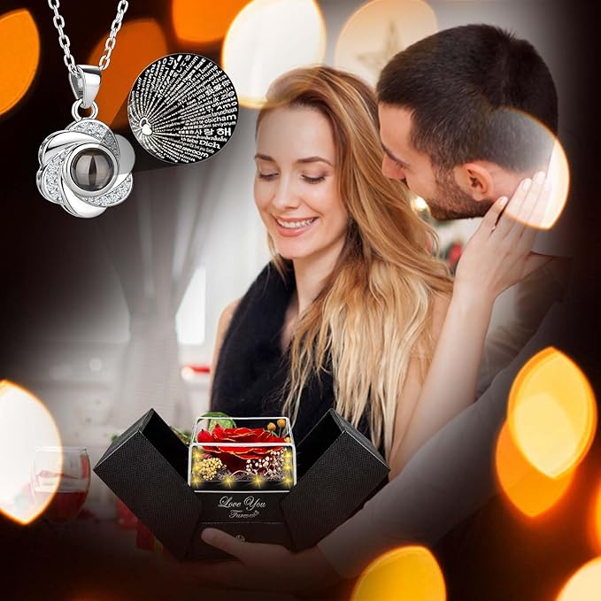 Preserved Red Chanson Real Rose-Eternal Flowers Rose Gifts for Mom Grandma Wife Girlfriend on Mothers Day Birthday Valentines Christmas Anniversary Romantic Gifts for Her with I Love You Necklace