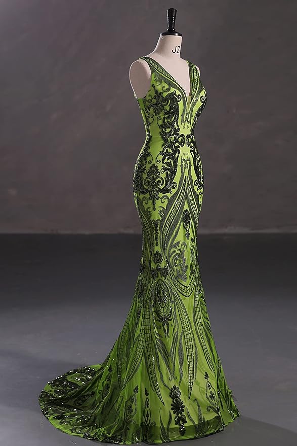 Women's Double V-Neck Sequins Lace-up Mermaid Evening Dress