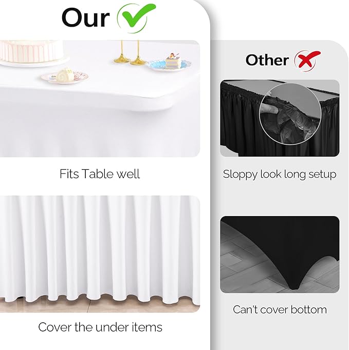 Wish Care 6 Pack White Spandex Table Clothes for 6 Foot Rectangle Tables, 6FT Wrinkle Free Fitted Tablecloths Ruffles Design Table Cover for Party, Banquet, Wedding and Events