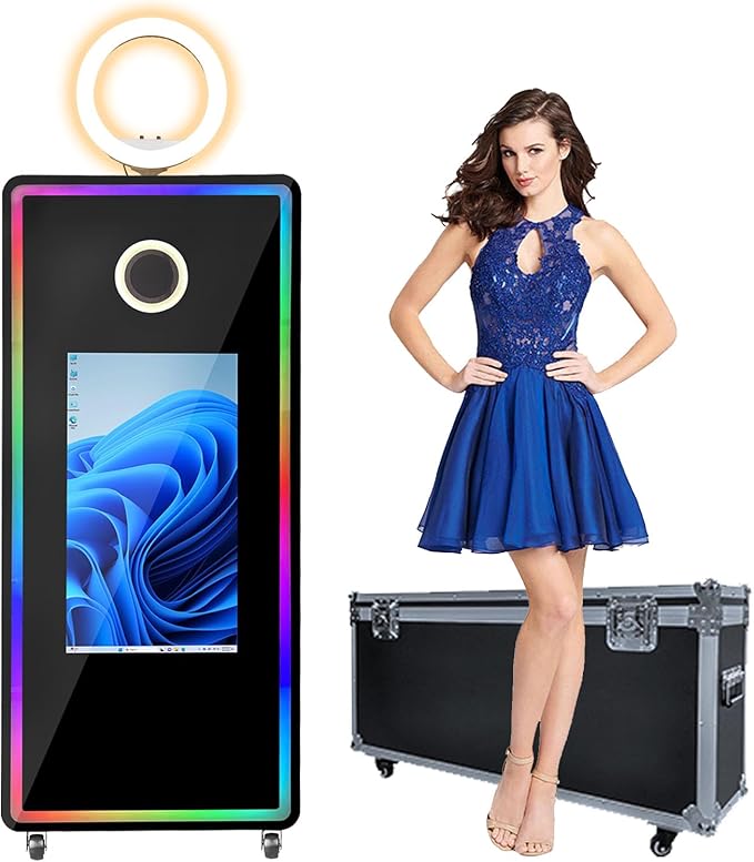 65 inch Mirror Photo Booth 32 inch Touch Screen Magic Mirror Photo Booth Machine Selfie Ring Light RGB LED Frame for Wedding Party Events Rental with Props Red Carpet Flight Case