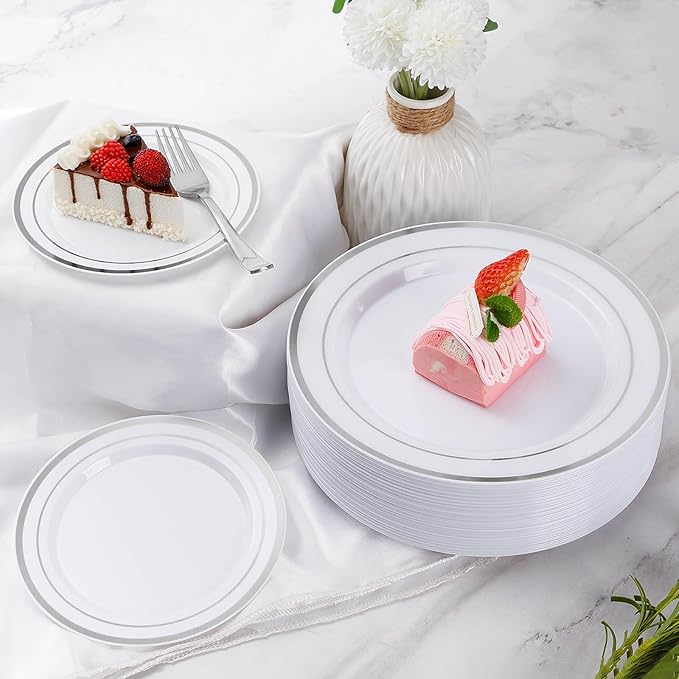 Goodluck 150 Pieces Silver Disposable Plates for 25 Guests, Plastic Party, Wedding, Dinnerware Set of Dinner Plates, Salad Spoons, Forks, Knives, Cups