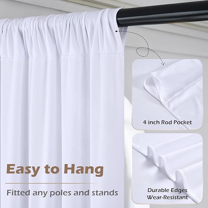30ft x 8ft Wrinkle Free White Backdrop Curtains for Weddings Parties, 6 Panels 5x10ft Soft Silky Polyester White Photo Backdrop Drapes Back Drop Cloth for Birthday Christmas Photography Background